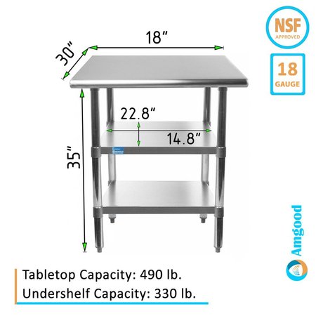 Amgood 30x18 Prep Table with Stainless Steel Top and 2 Shelves AMG WT-3018-2SH